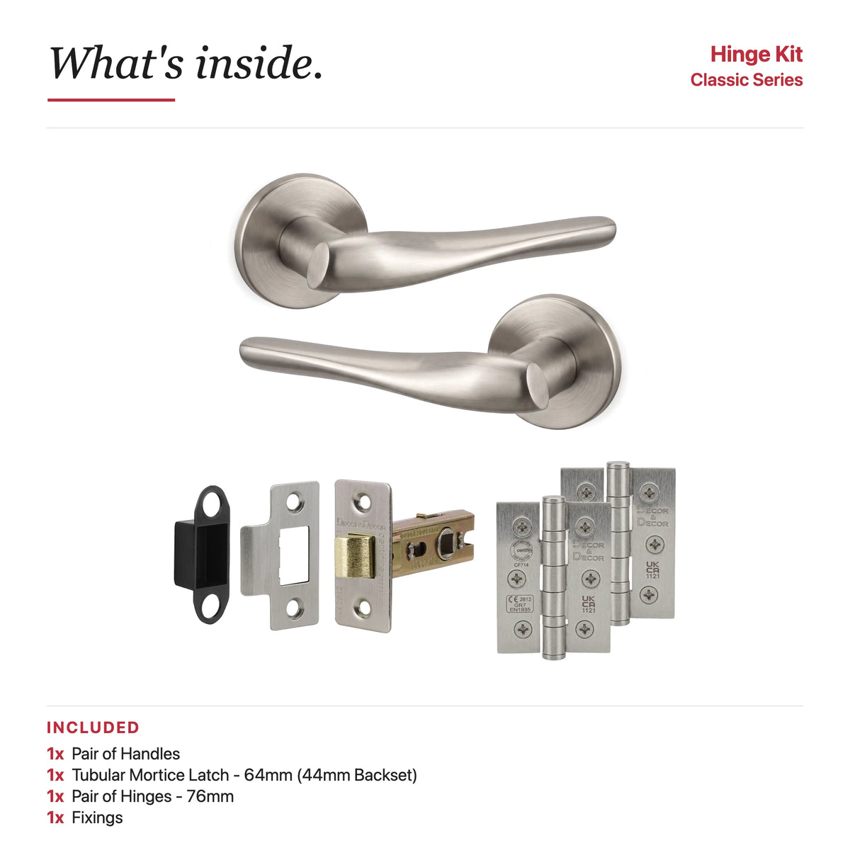 Nanda Satin Nickel Passage Door Handles – showing what's included in the box