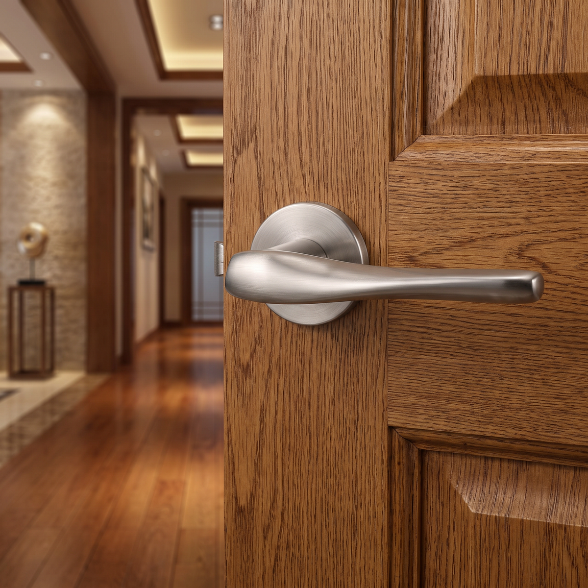 Nanda Satin Nickel Passage Door Lever Handles – fitted on an interior door in a styled room setting 4