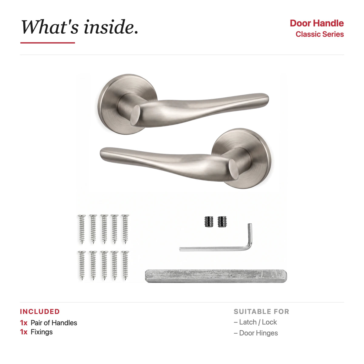 Nanda Internal Door Handles - Brushed Satin Nickel – showing what's included in the box