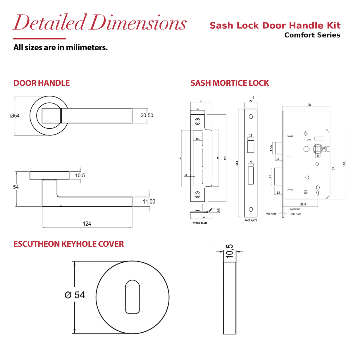 Lumina Antique Brass Privacy Door Lever Handles – dimensions and measurements diagram