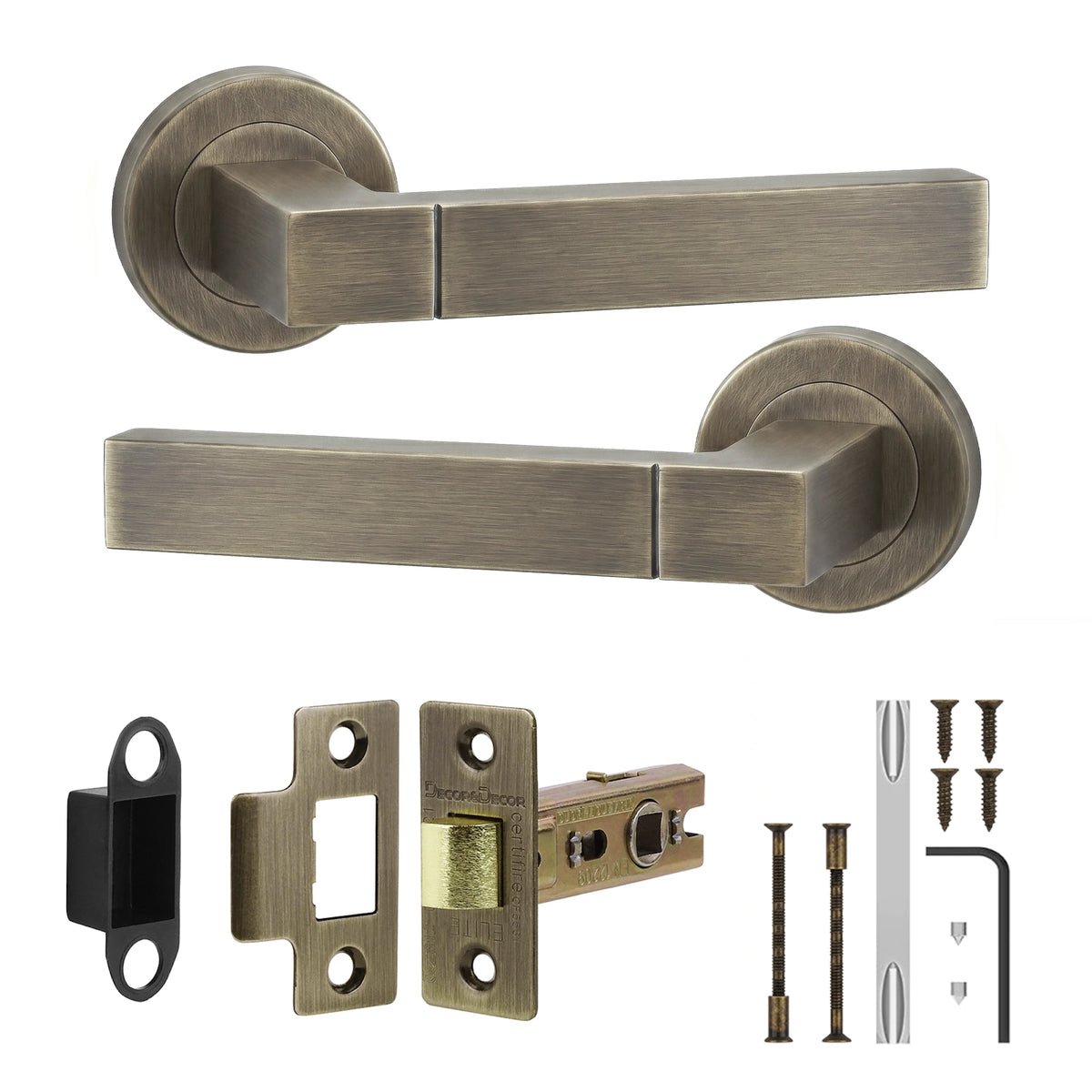 Lumina Antique Brass Passage Door Lever Handles - Latch Kit Set