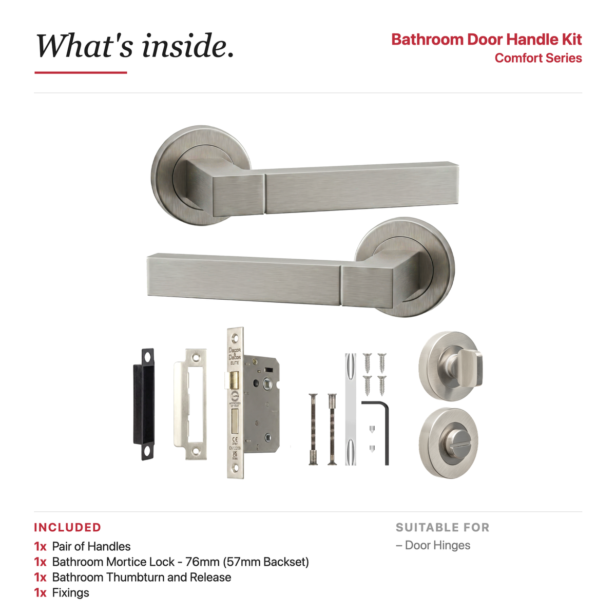 Lumina Satin Nickel Bathroom Door Lever Handles – showing what's included in the box