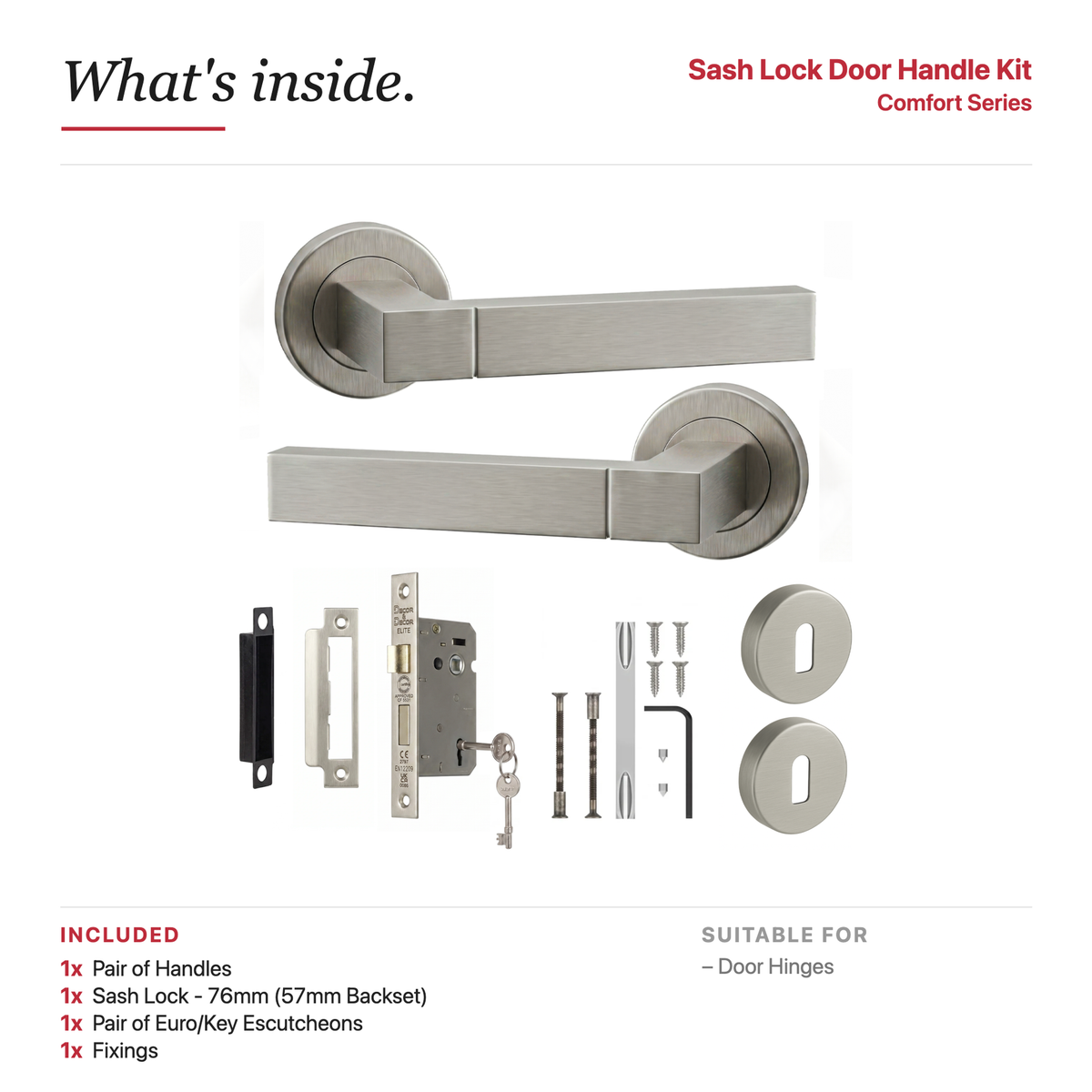 Lumina Satin Nickel Privacy Door Lever Handles – showing what's included in the box