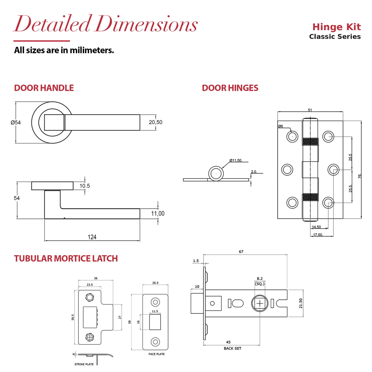 Lumina Satin Nickel Passage Door Lever Handles – dimensions and measurements diagram