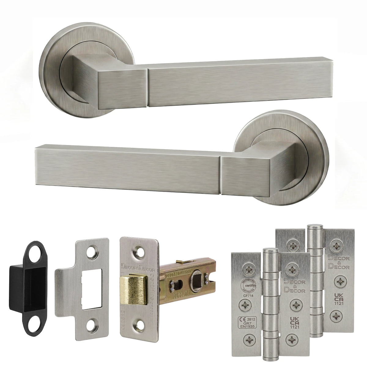Lumina Satin Nickel Passage Door Lever Handles - Latch And Hinge Set