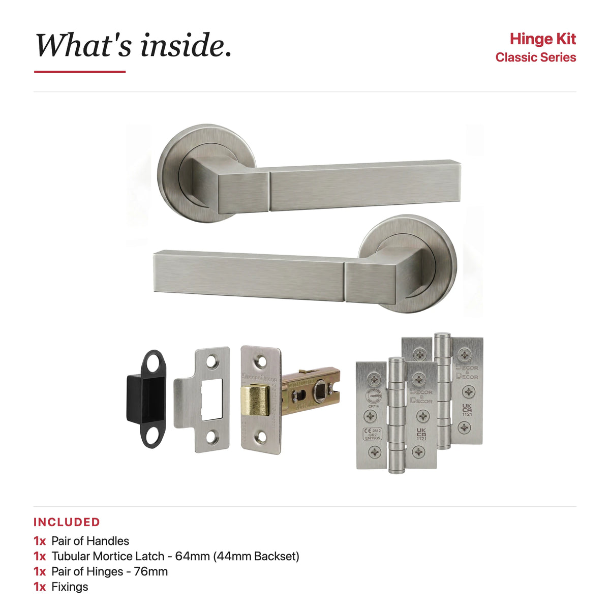 Lumina Satin Nickel Passage Door Lever Handles – showing what's included in the box