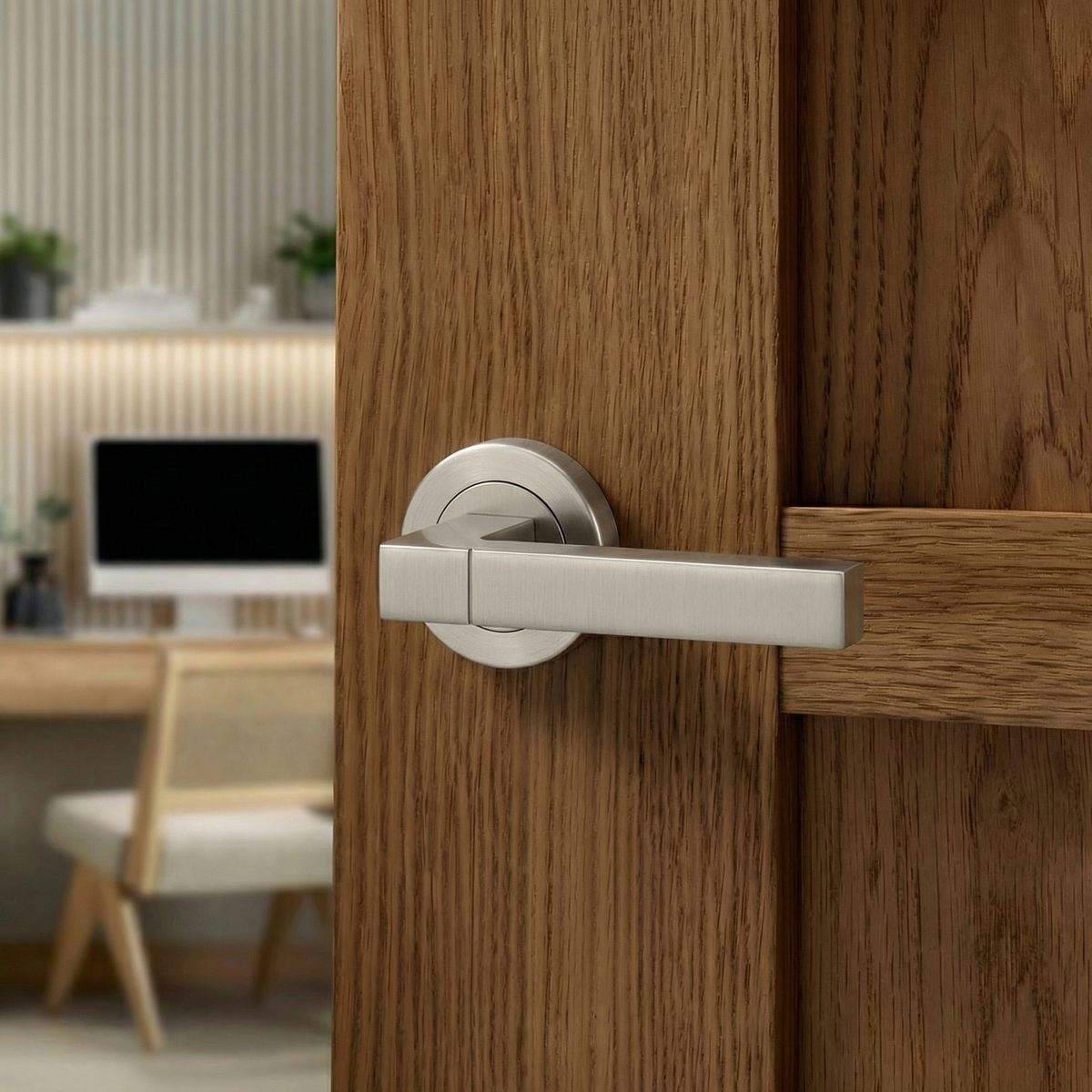 Lumina Satin Nickel Passage Door Lever Handles – fitted on an interior door in a styled room setting