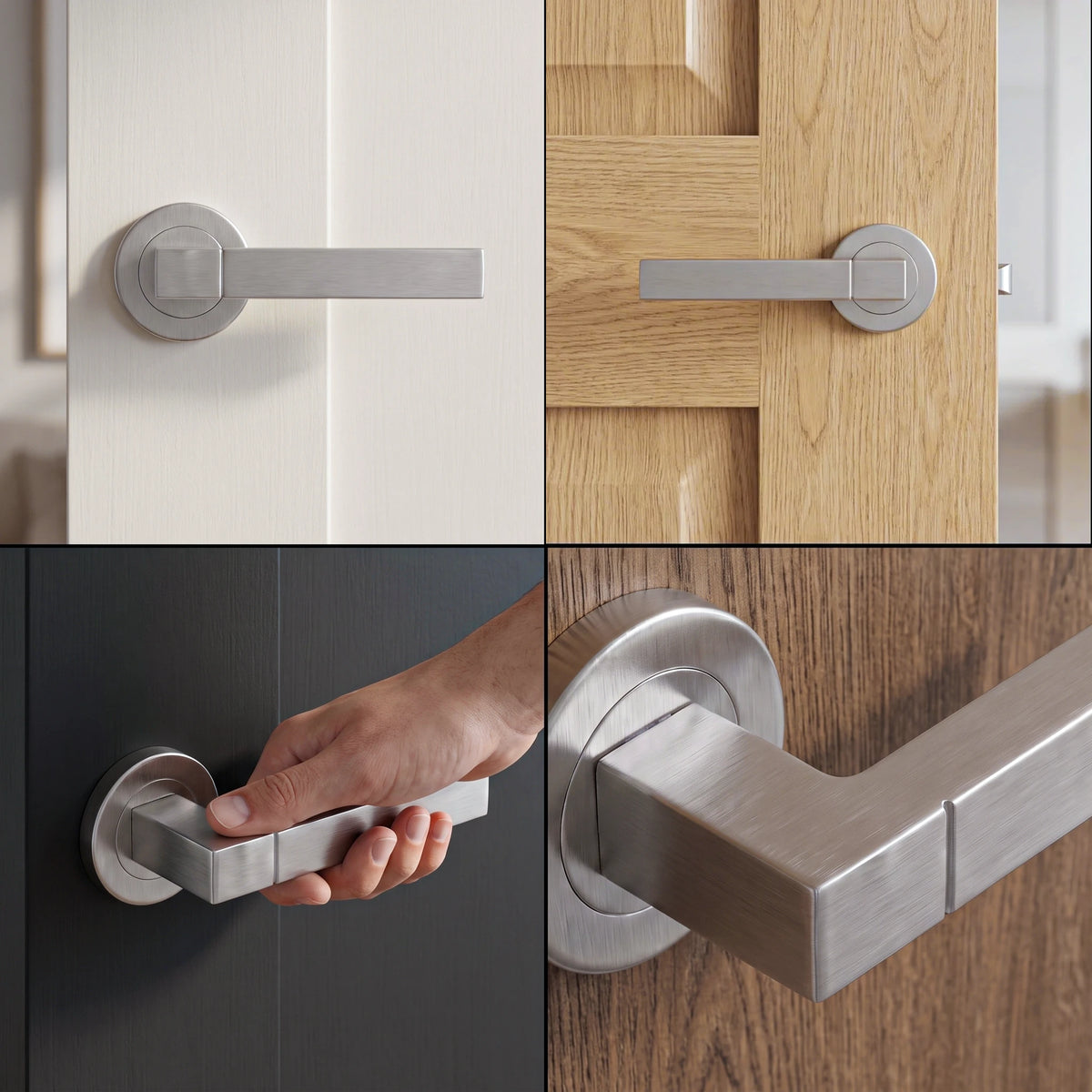 Lumina Satin Nickel Door Lever Handles – fitted on an interior door in a styled room setting