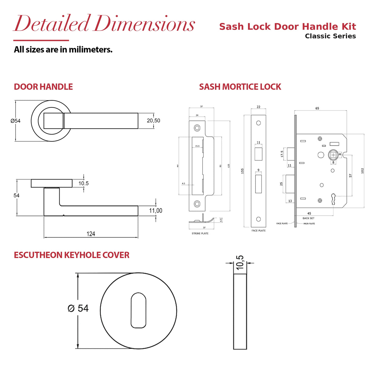Lumina Satin Nickel Privacy Door Lever Handles – dimensions and measurements diagram