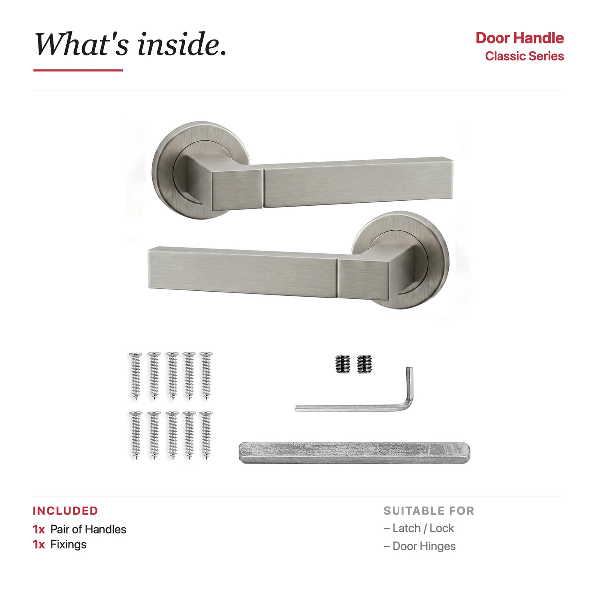 Lumina Satin Nickel Door Lever Handles – showing what's included in the box