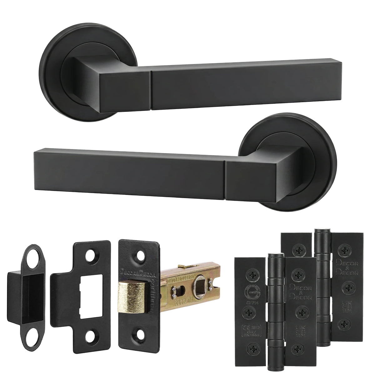 Lumina Matt Black Passage Door Lever Handles - Latch and Hinge Set