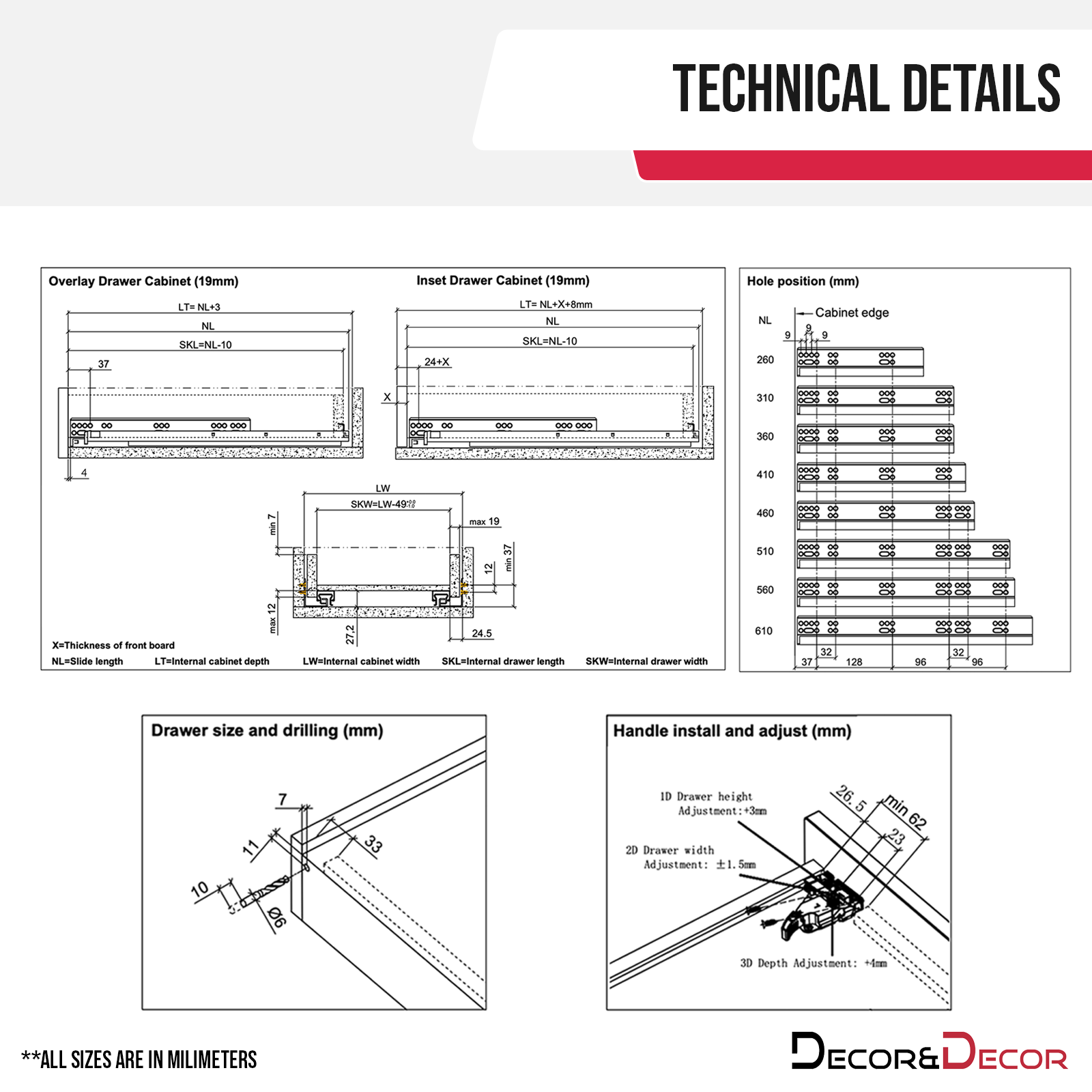 Push to Open and Soft Close Undermount Drawer Runners - Full Extension - 400mm Length
