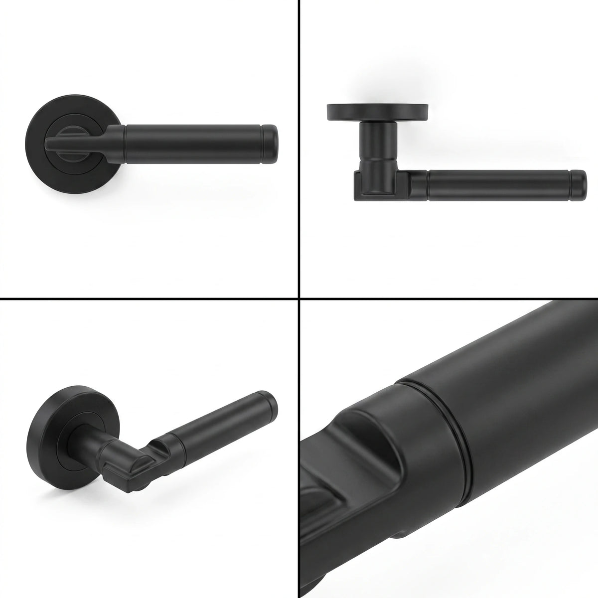 Enigma Matt Black Door Lever Handles – shown from multiple angles