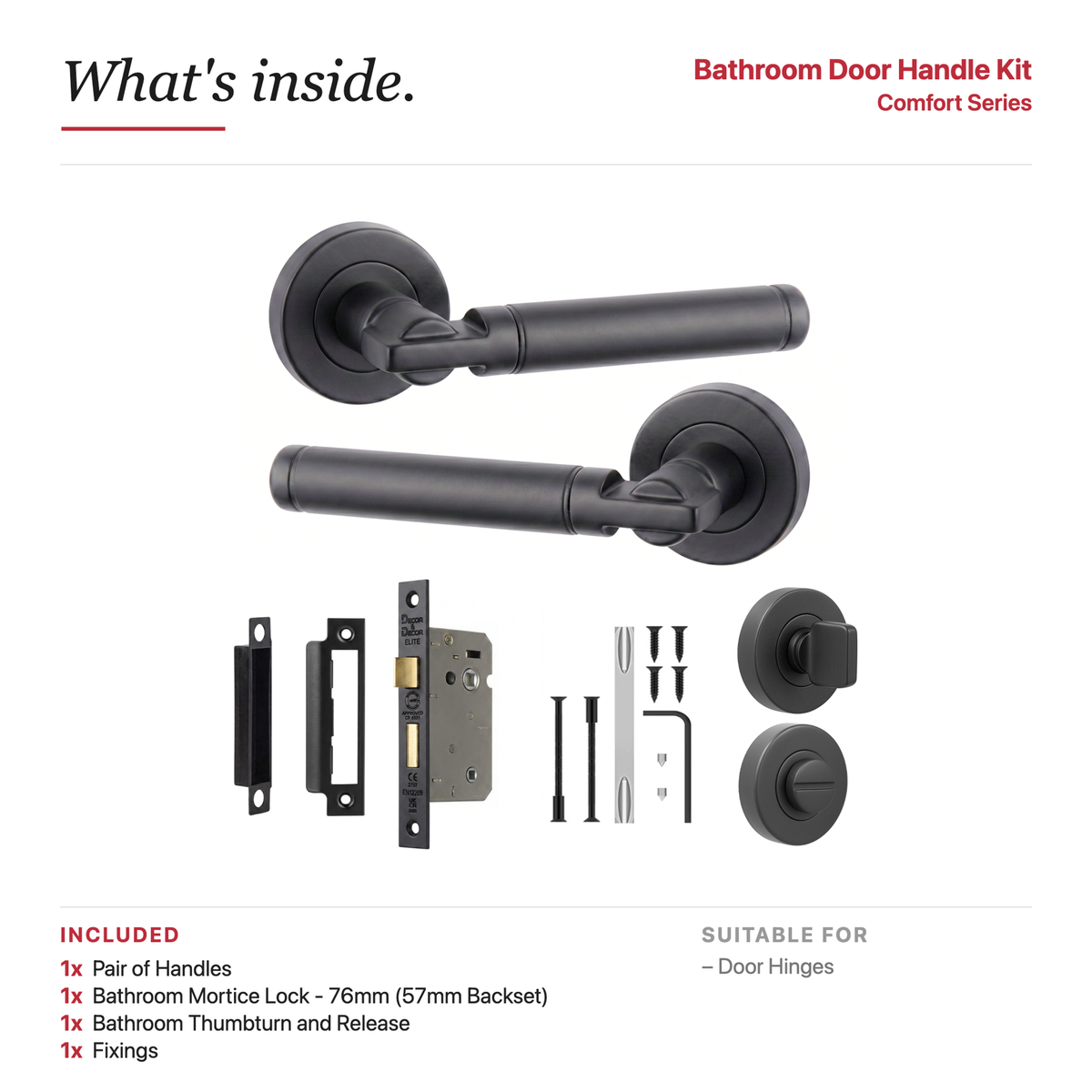 Enigma Matt Black Bathroom Door Lever Handles – showing what's included in the box