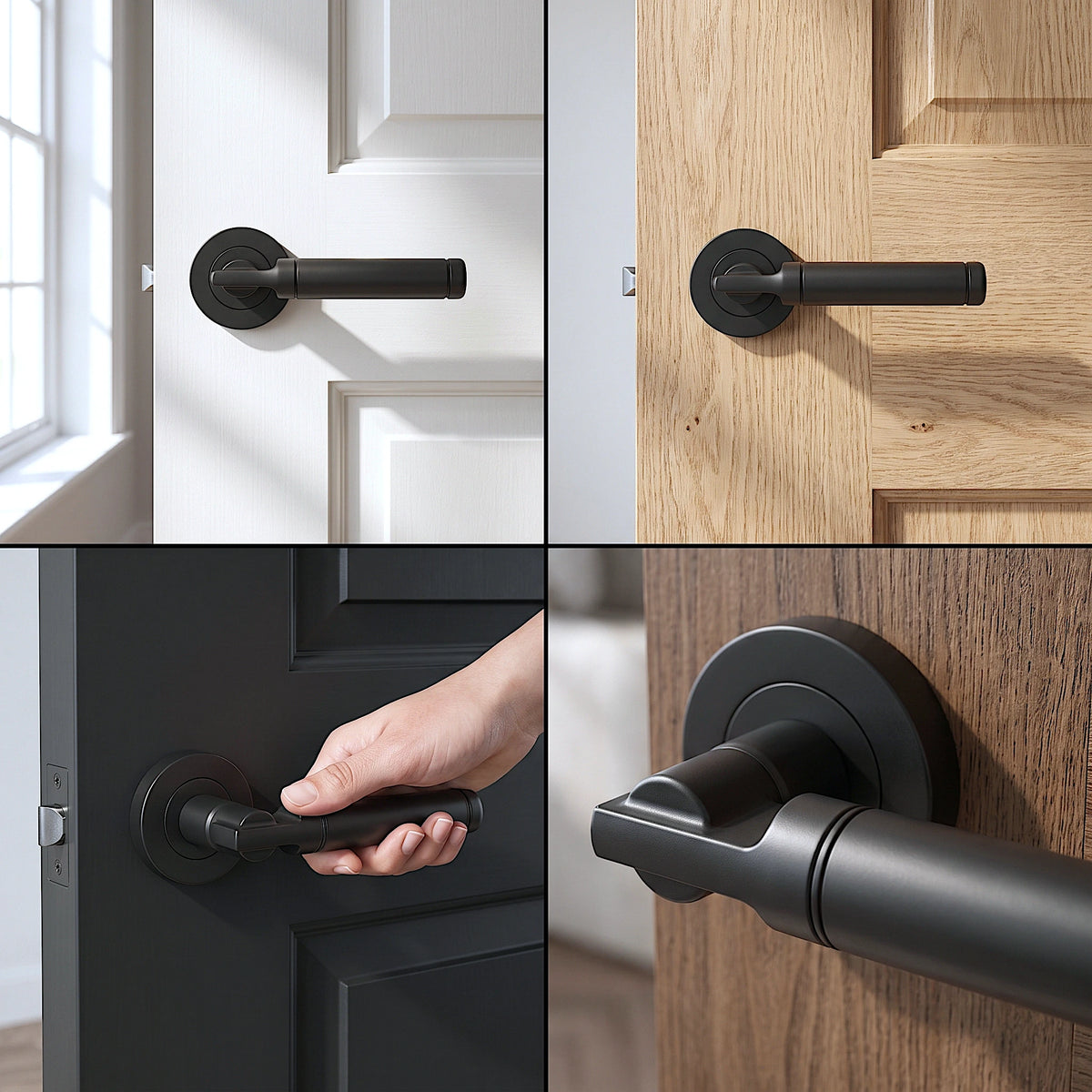 Enigma Matt Black Door Lever Handles – fitted on an interior door in a styled room setting