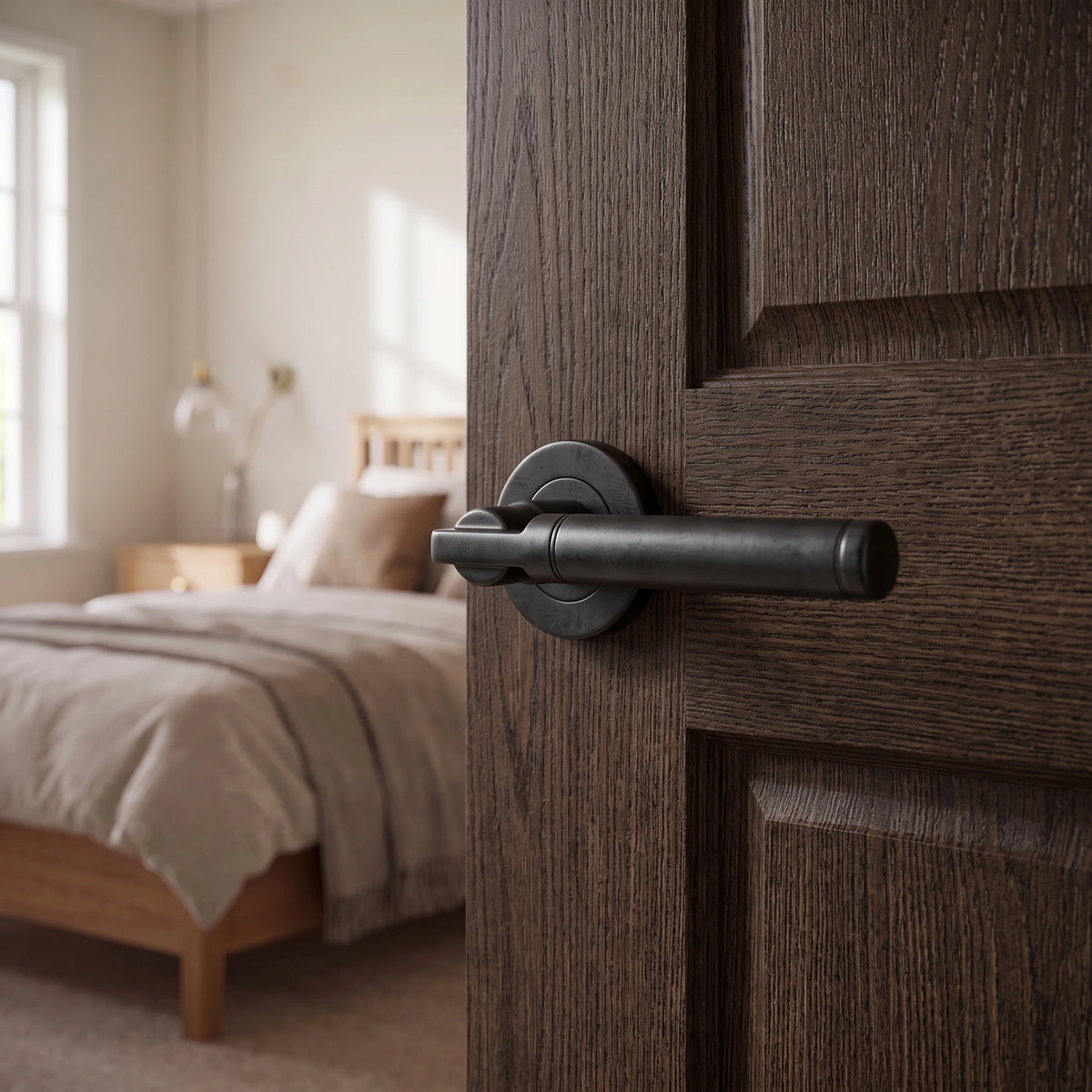 Enigma Matt Black Door Lever Handles – fitted on an interior door in a styled room setting 5