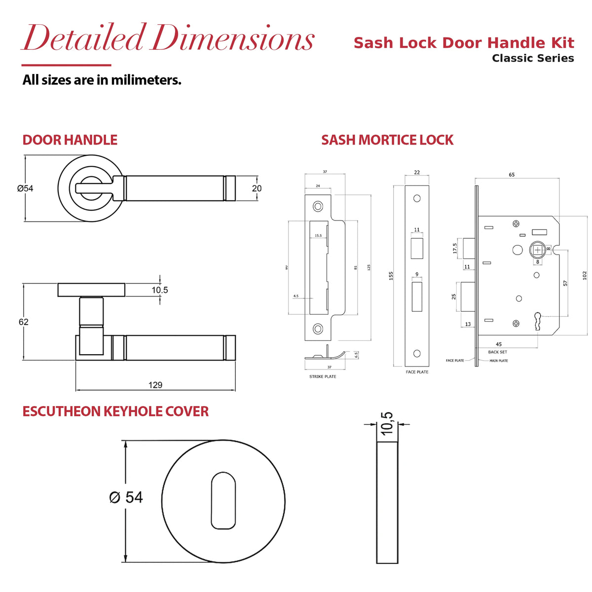 Enigma Duo Finish Privacy Door Lever Handles – dimensions and measurements diagram