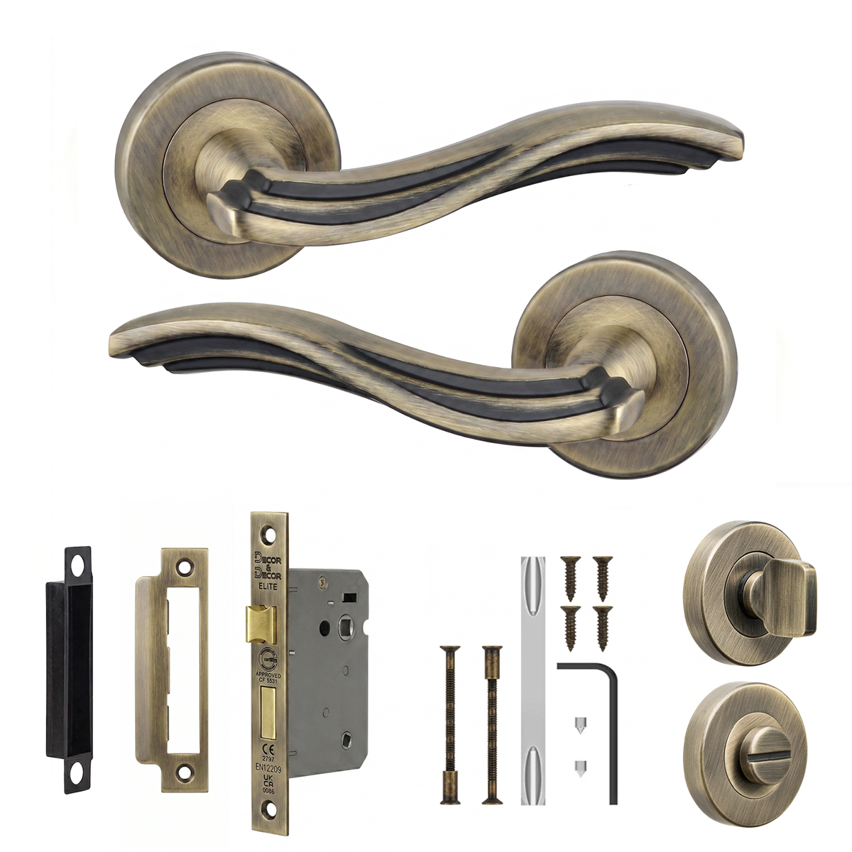 Solace Antique Brass Bathroom Door Lever Handles - Bathroom Kit 76mm