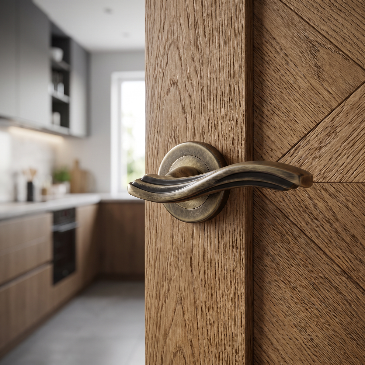 Solace Antique Brass Passage Door Lever Handles – fitted on an interior door in a styled room setting 2