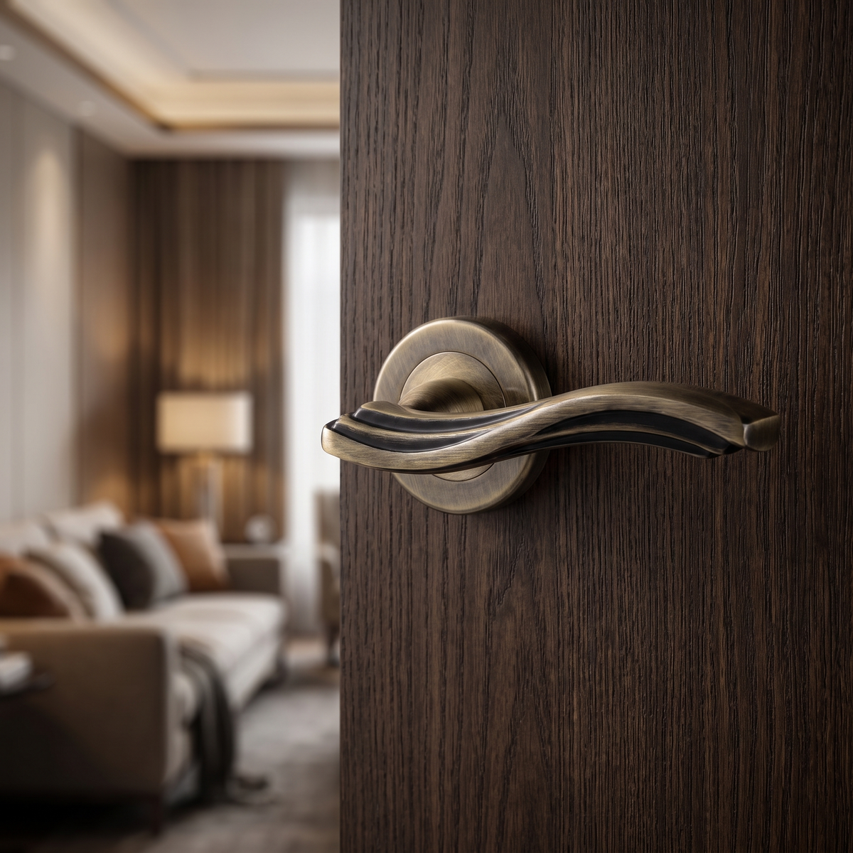 Solace Antique Brass Passage Door Lever Handles – fitted on an interior door in a styled room setting 4