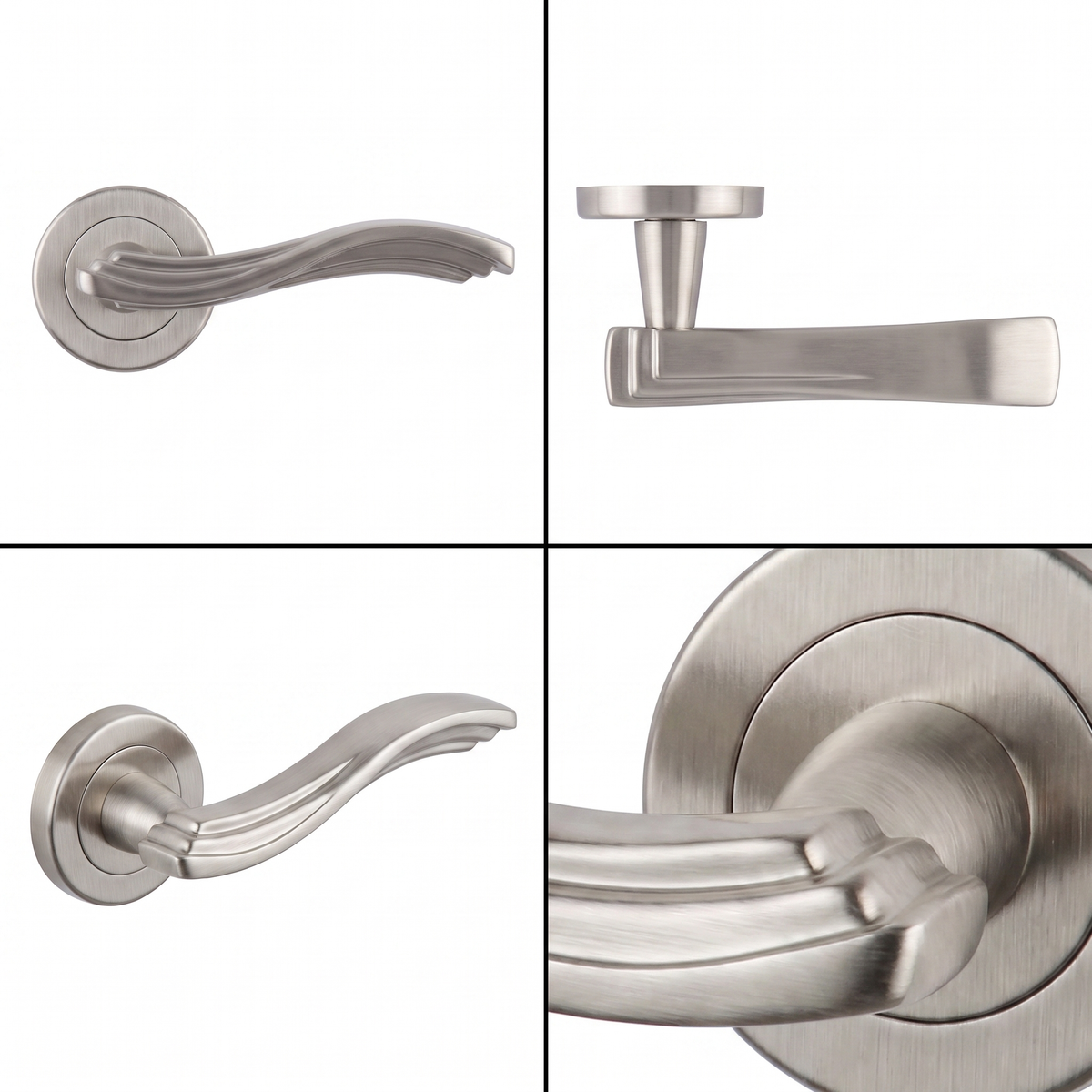 Solace Satin Nickel Passage Door Lever Handles – shown from multiple angles