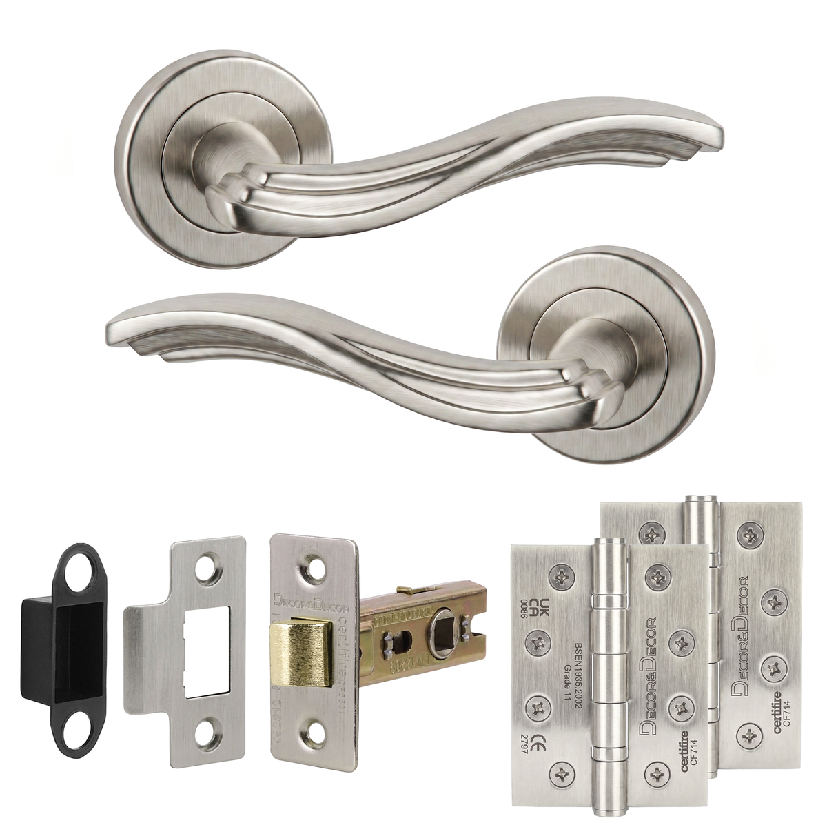 Solace Satin Nickel Passage Door Lever Handles - Hinge Kit 102mm