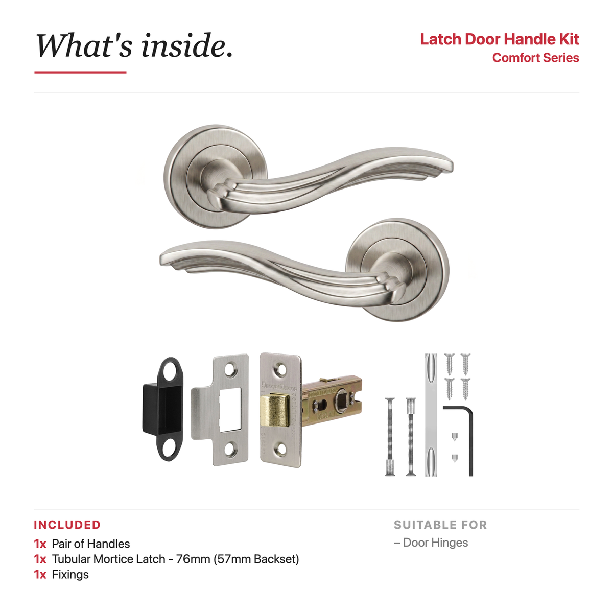 Solace Satin Nickel Passage Door Lever Handles – showing what's included in the box