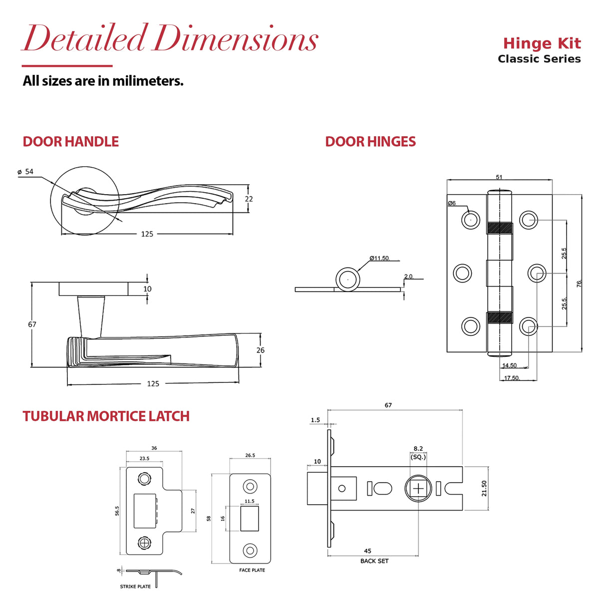 Solace Satin Nickel Passage Door Lever Handles – dimensions and measurements diagram