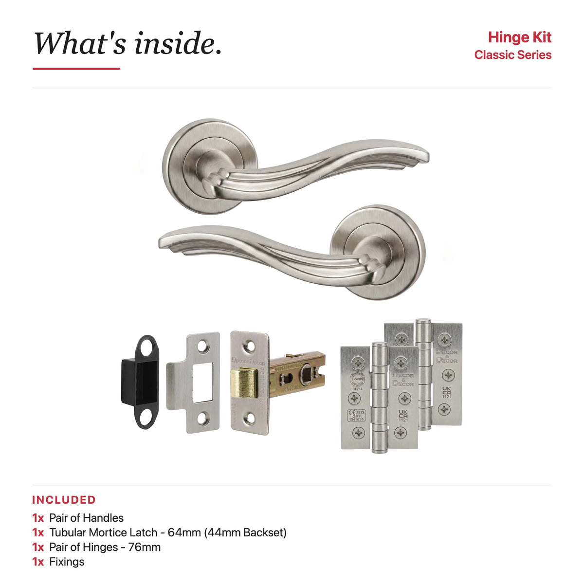Solace Satin Nickel Passage Door Lever Handles – showing what's included in the box