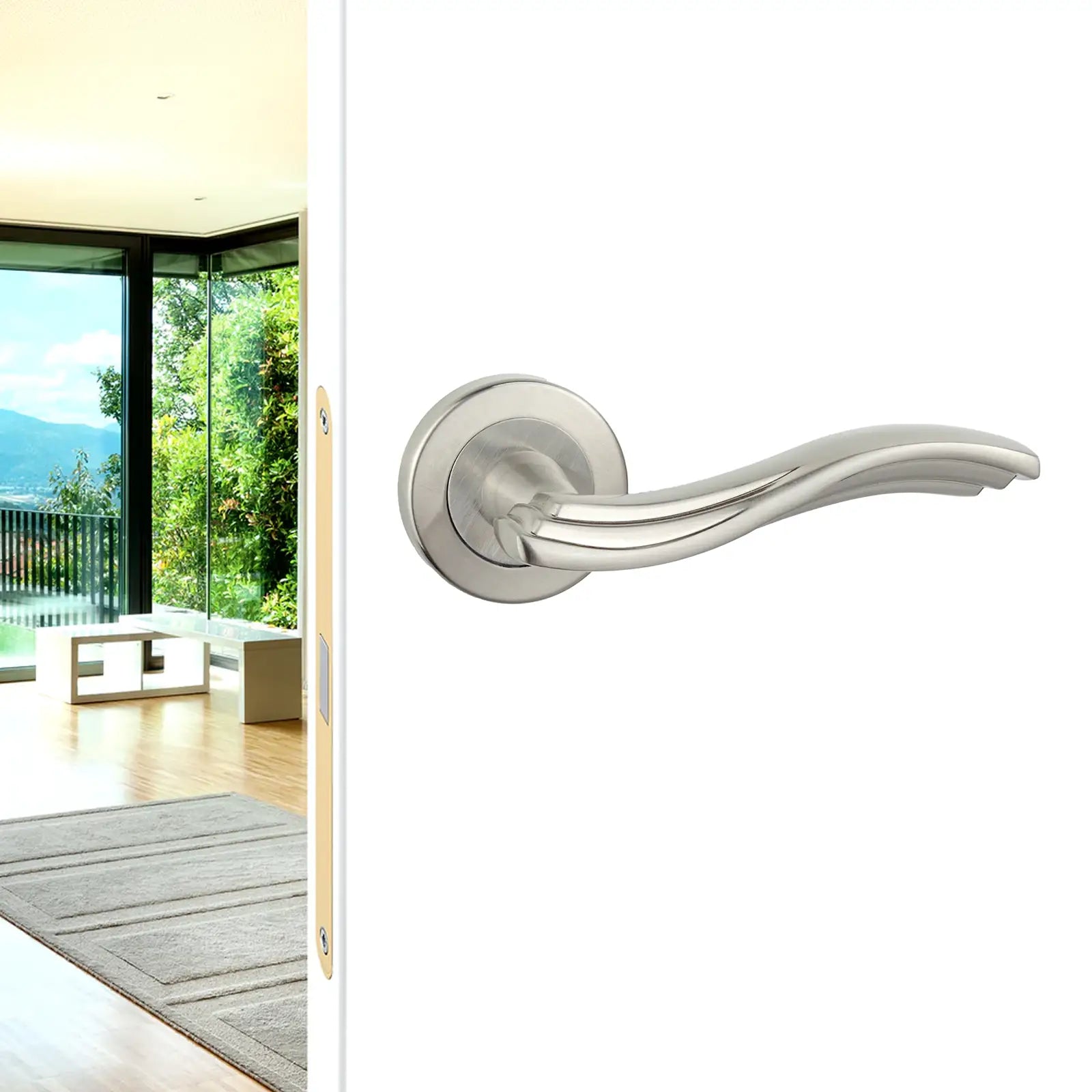 Solace Satin Nickel Bathroom Door Lever Handles - Bathroom Kit Set - Decor And Decor