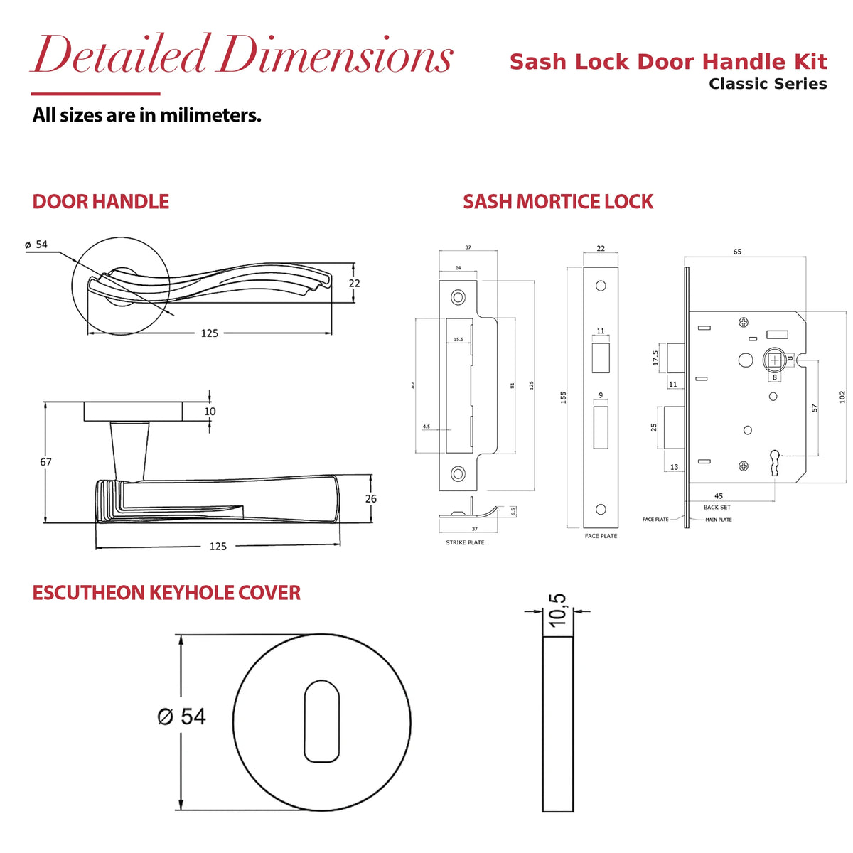 Solace Satin Nickel Privacy Door Lever Handles – dimensions and measurements diagram