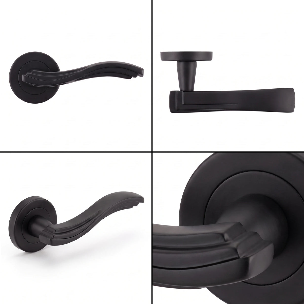 Solace Matt Black Bathroom Door Lever Handles – shown from multiple angles