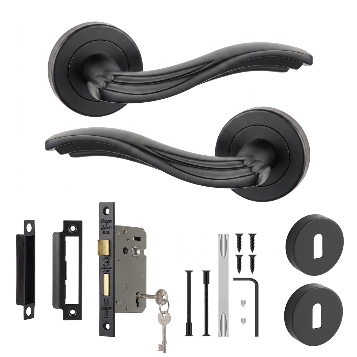 Solace Matt Black Privacy Door Lever Handles - Sash Lock Kit 76mm