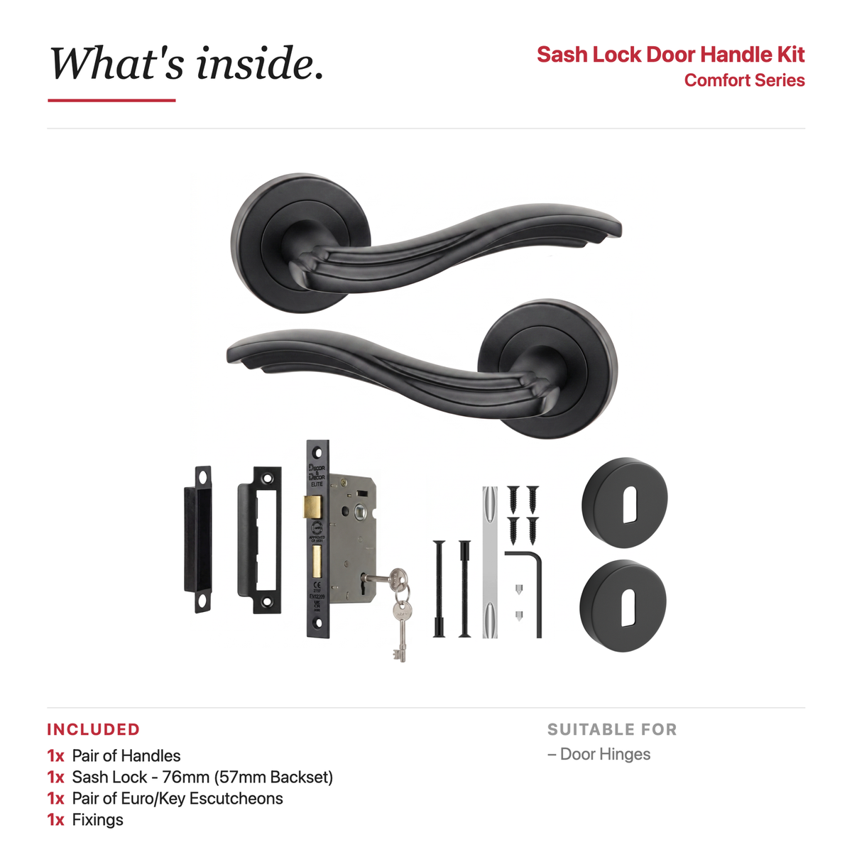 Solace Matt Black Privacy Door Lever Handles – showing what's included in the box