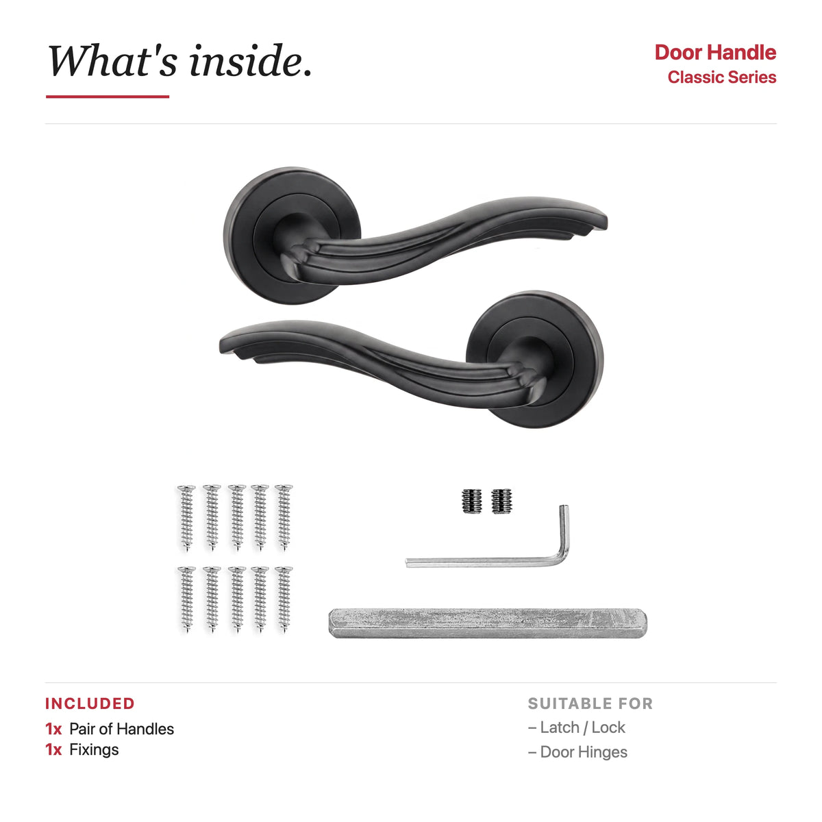 Solace Matt Black Door Lever Handles – showing what's included in the box