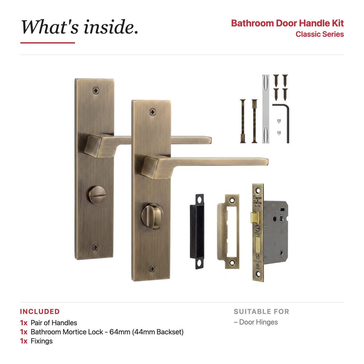 Spectra Antique Brass Bathroom Door Handles on Backplate – showing what's included in the box