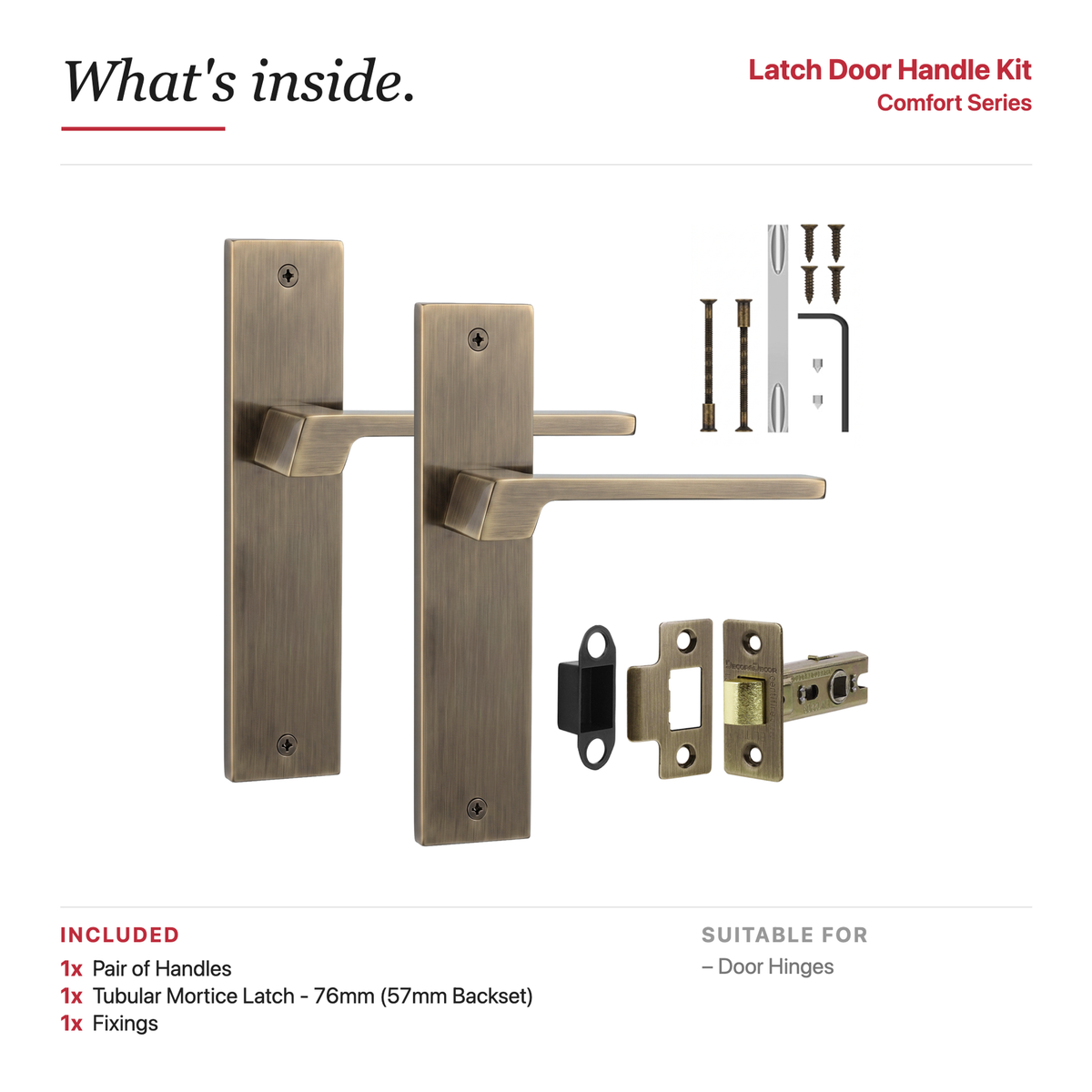 Spectra Antique Brass Passage Door Lever Handles on Backplate – showing what's included in the box