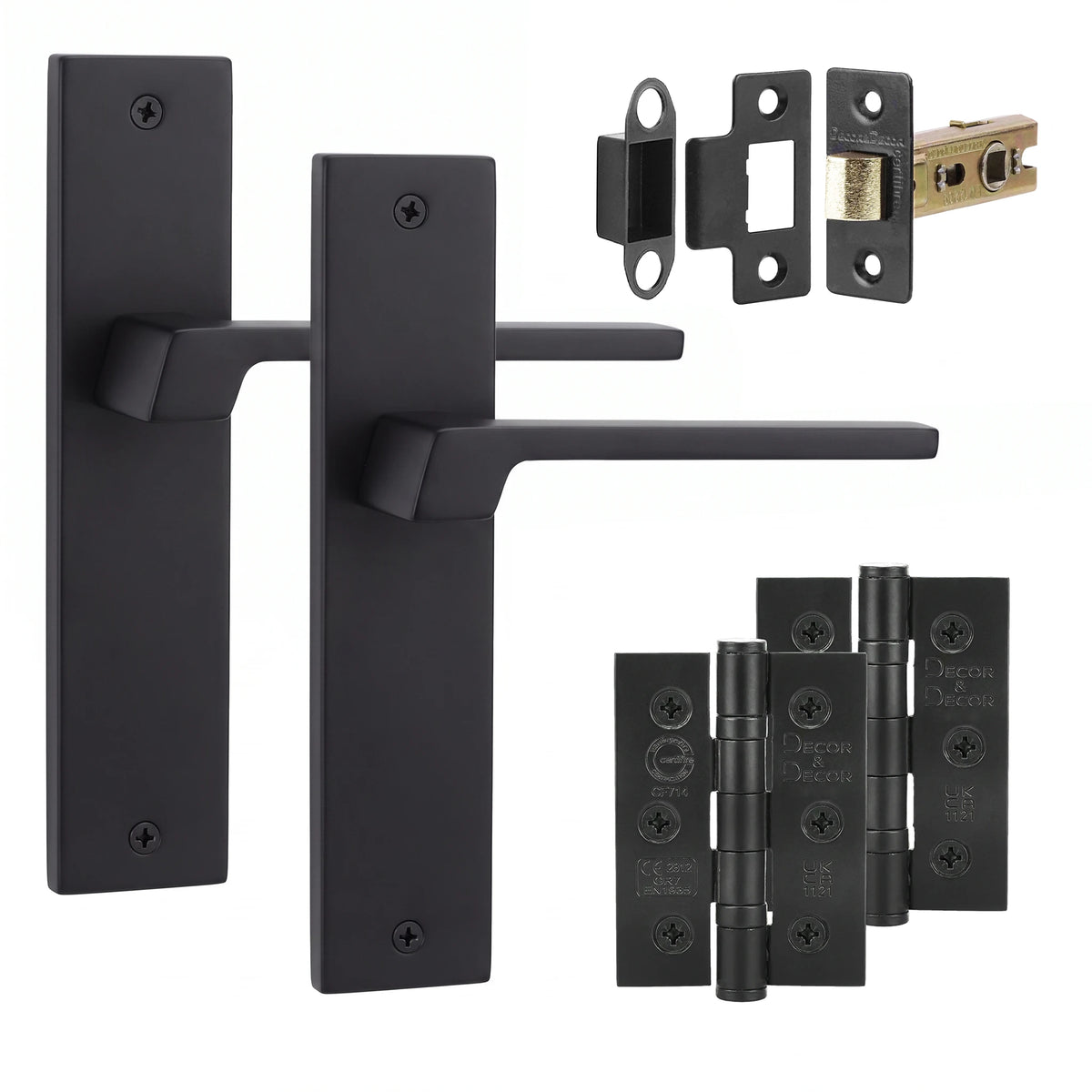 Spectra Matt Black Passage Door Handles on Backplate - Latch and Hinge Set