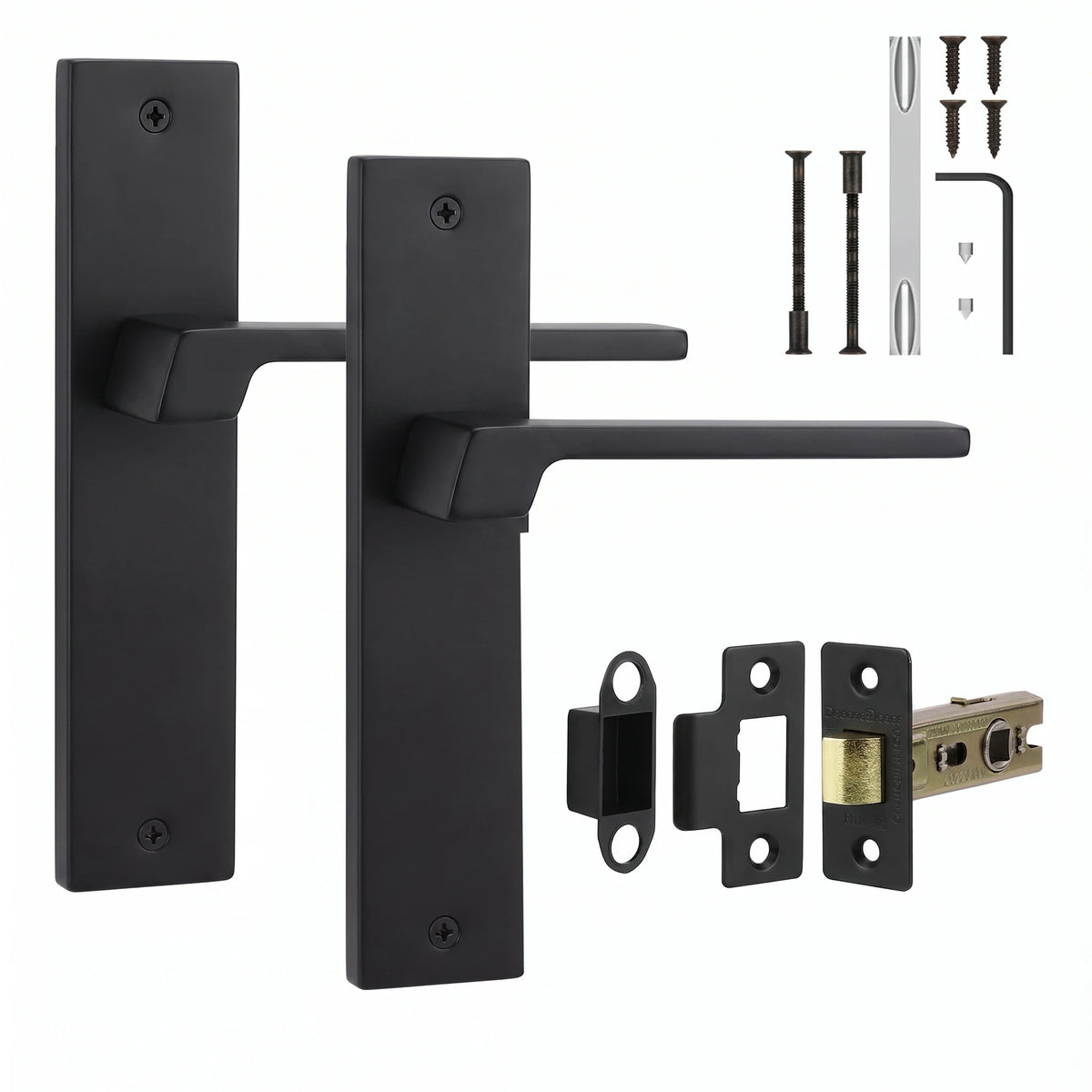 Spectra Matt Black Passage Door Handles on Backplate - Latch Kit Set
