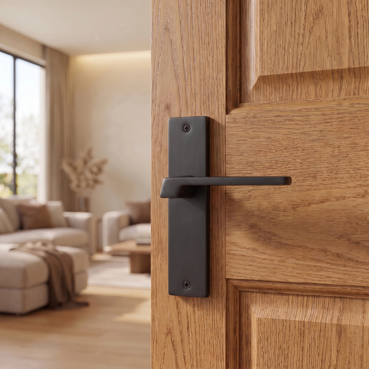 Spectra Matt Black Passage Door Handles on Backplate – fitted on an interior door in a styled room setting