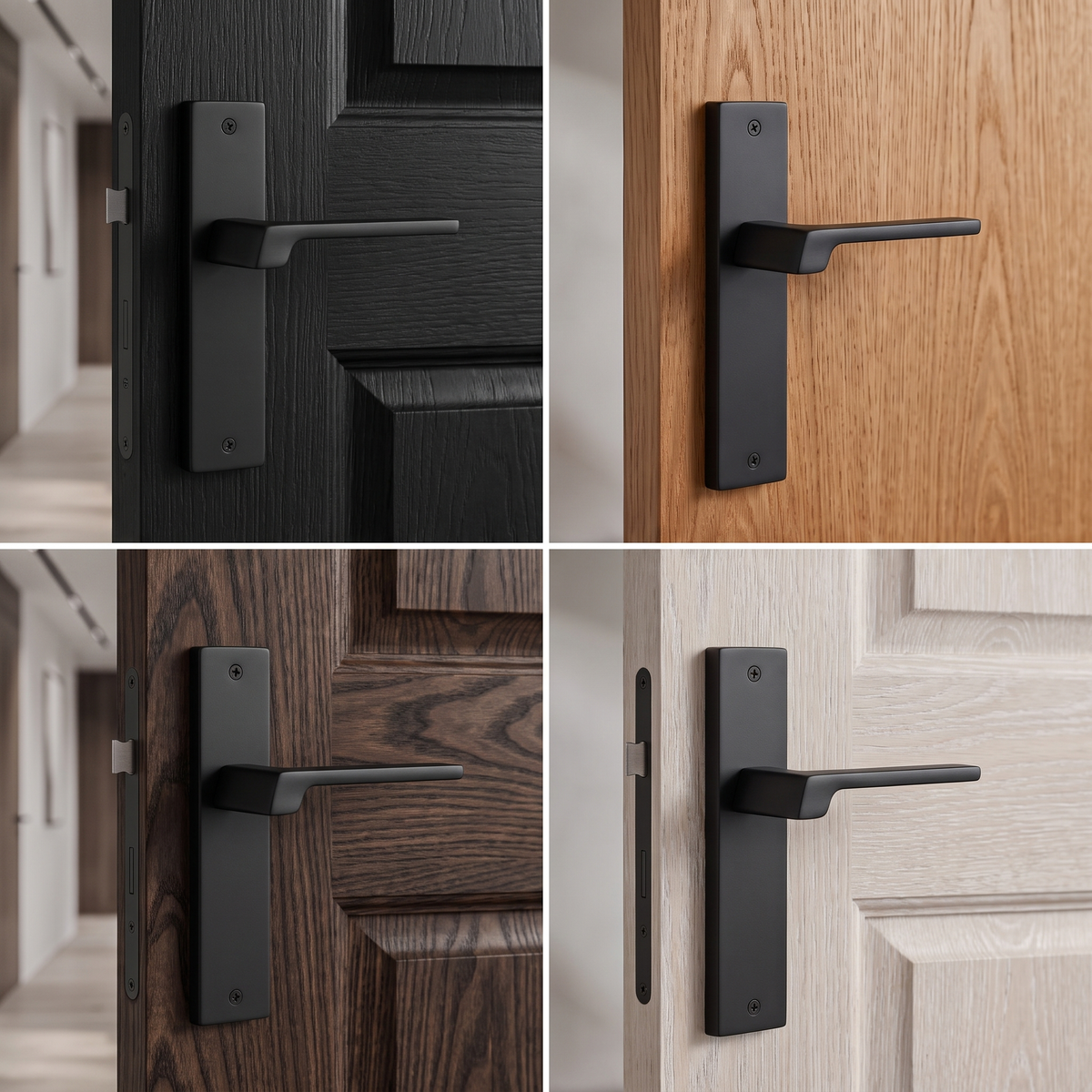Spectra Matt Black Passage Door Lever Handles on Backplate – fitted on an interior door in a styled room setting 2