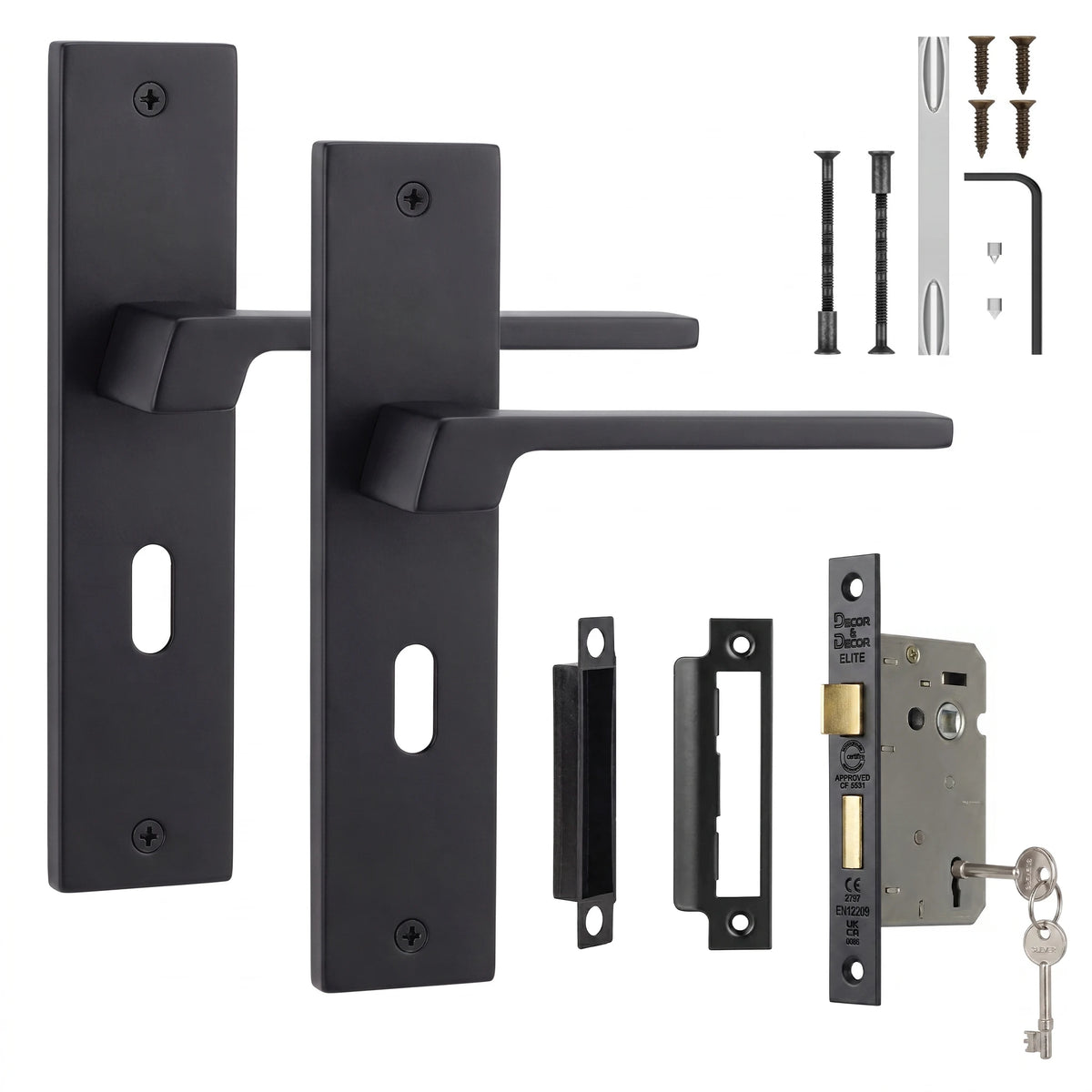 Spectra Matt Black Privacy Door Handles on Backplate with Keys - Sash Lock Kit Set