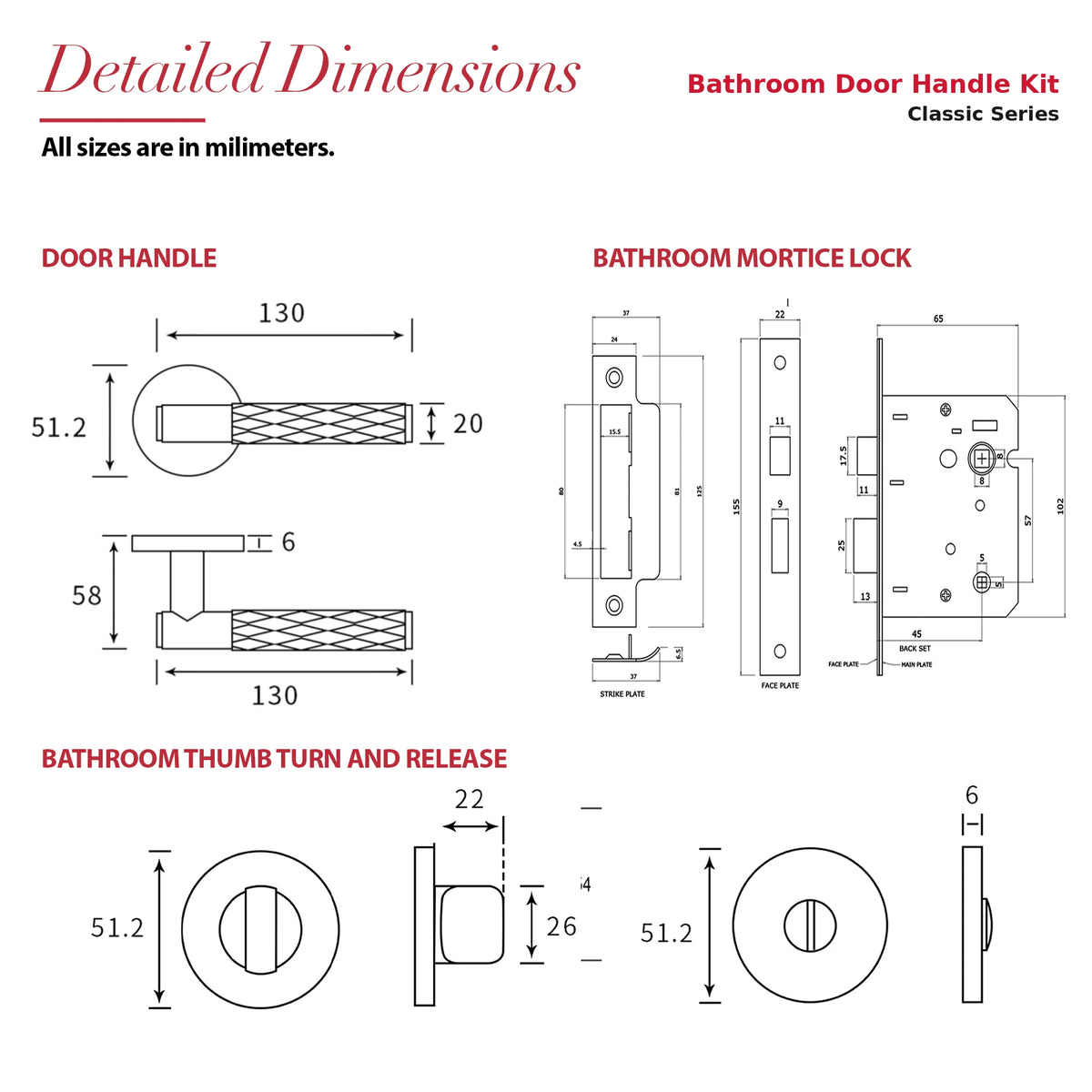 Tore Antique Brass Bathroom Door Handles – dimensions and measurements diagram