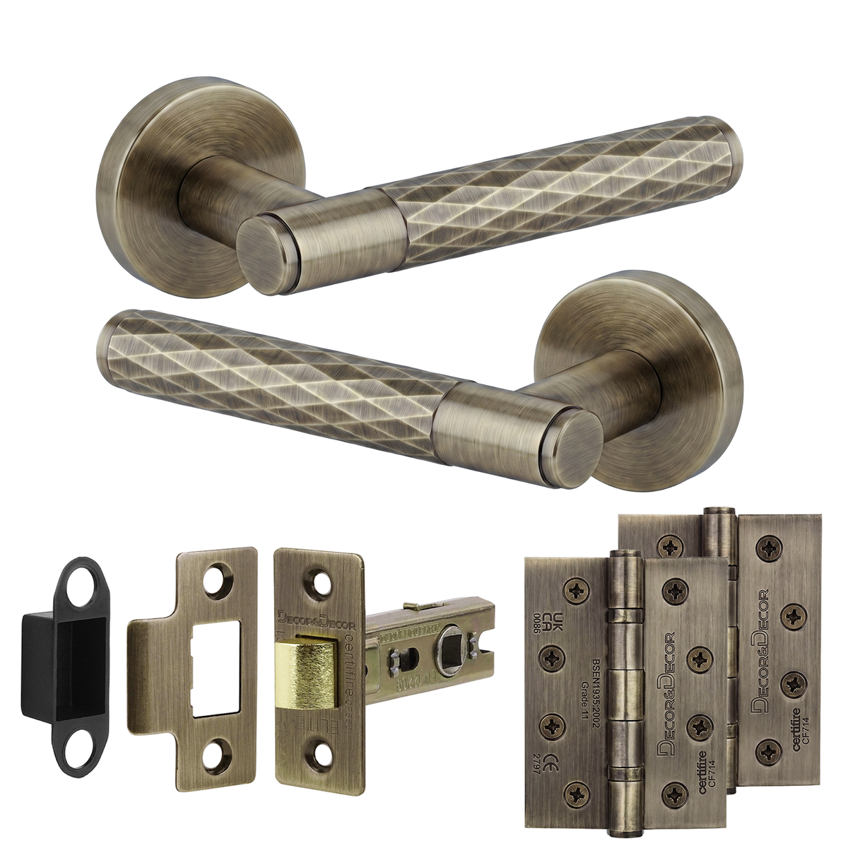 Tore Antique Brass Passage Door Lever Handles - Hinge Kit 102mm