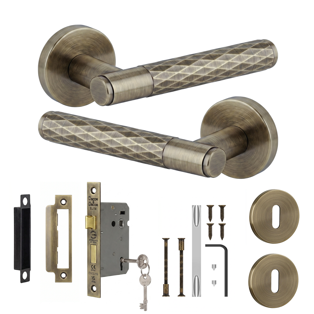 Tore Antique Brass Privacy Door Lever Handles - Sash Lock Kit 76mm