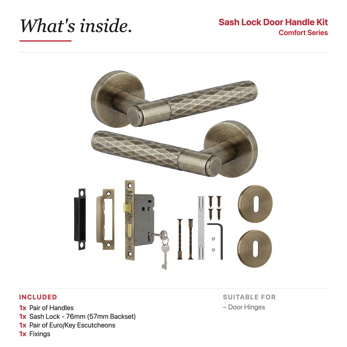 Tore Antique Brass Privacy Door Lever Handles – showing what's included in the box