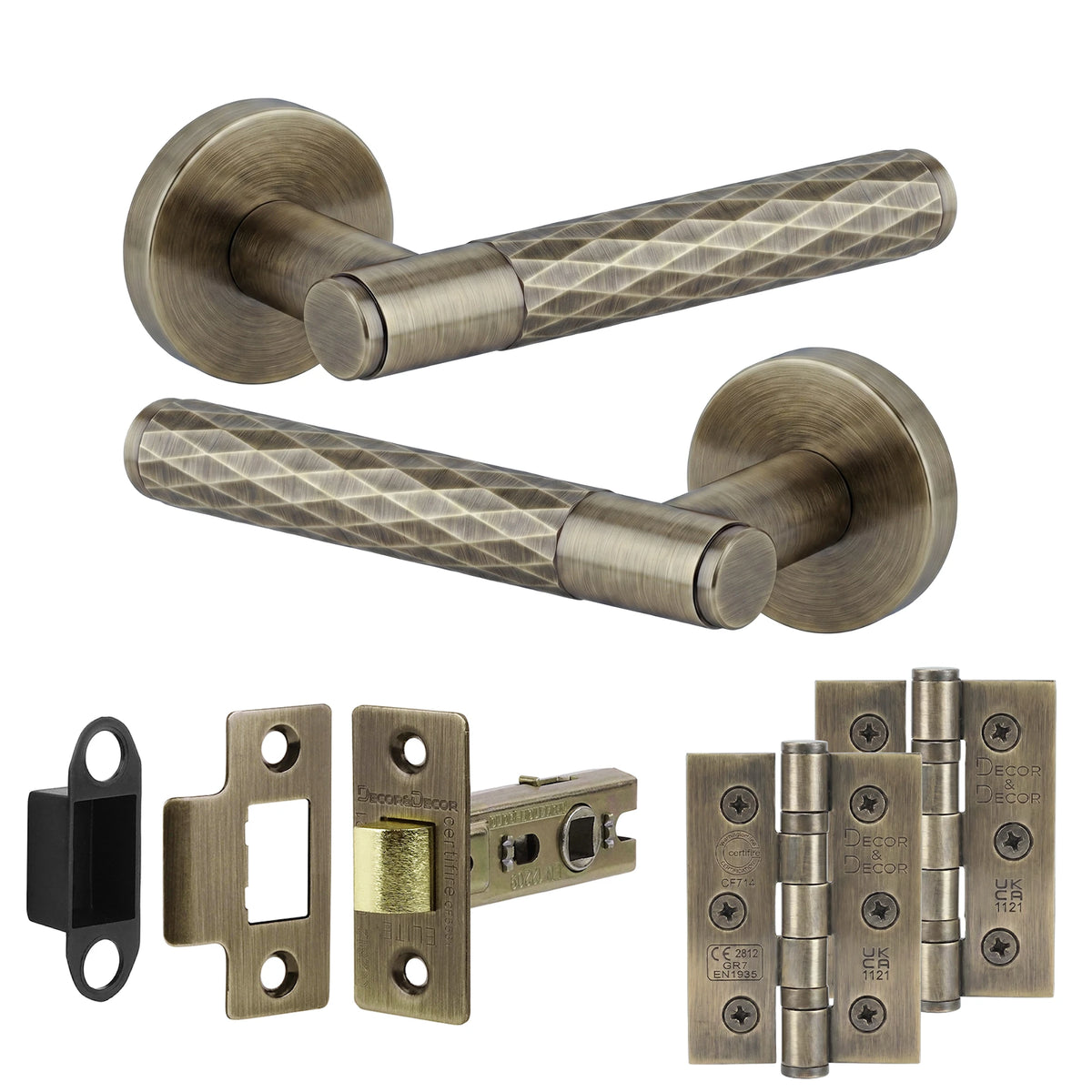 Tore Antique Brass Passage Door Handles - Latch and Hinge Set