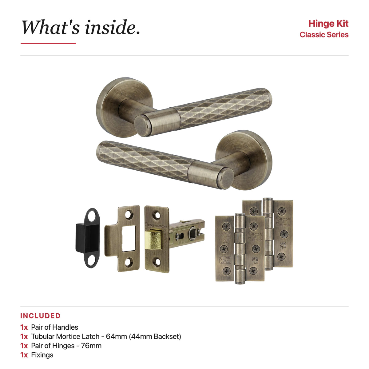 Tore Antique Brass Passage Door Handles – showing what's included in the box