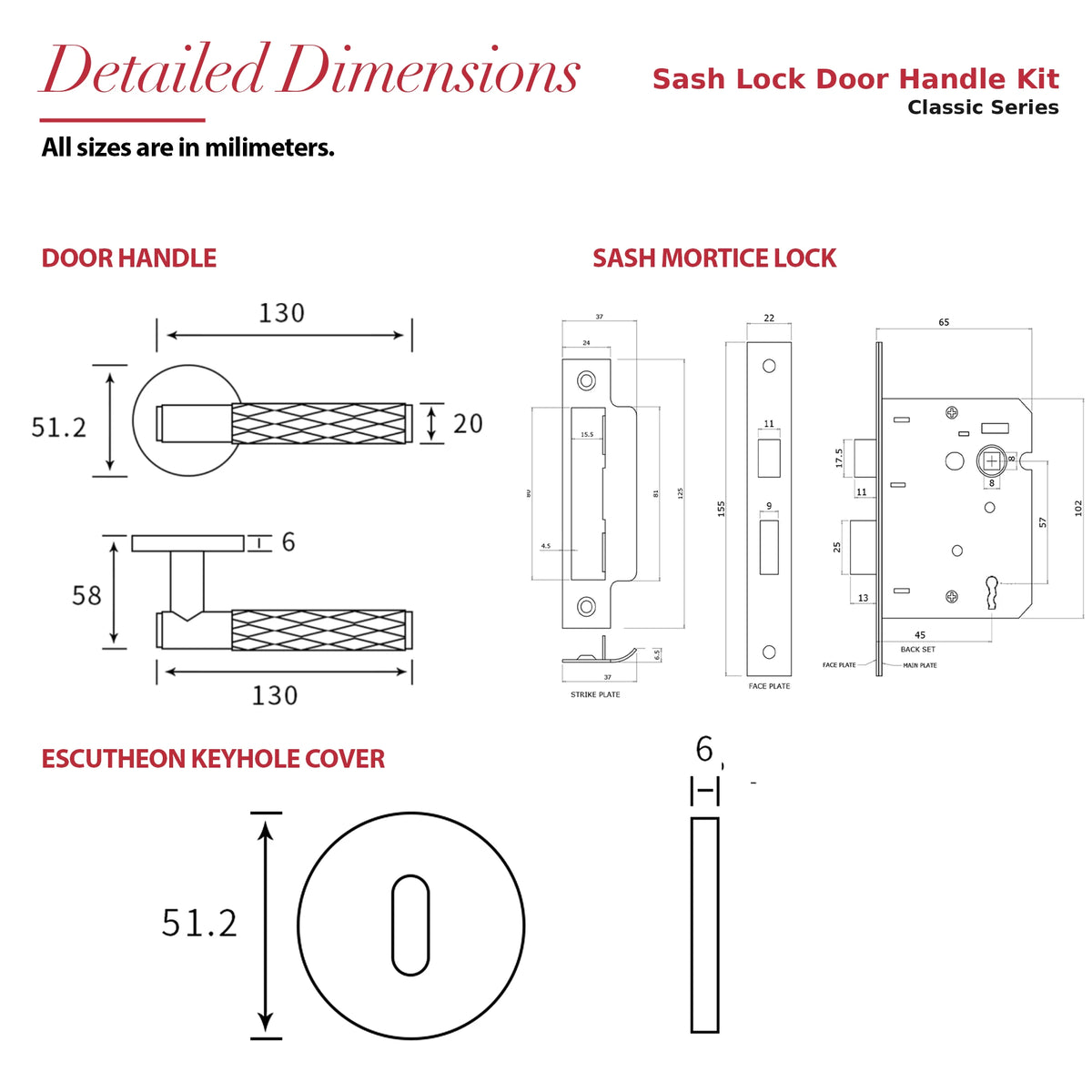 Tore Matt Black Privacy Door Handles – dimensions and measurements diagram