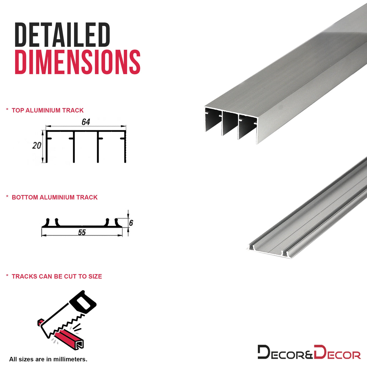 ES-Slide Wardrobe Sliding Door Kit - 4 Door - 3000mm Track - Both Way Soft Close – showing that the track can be cut to size